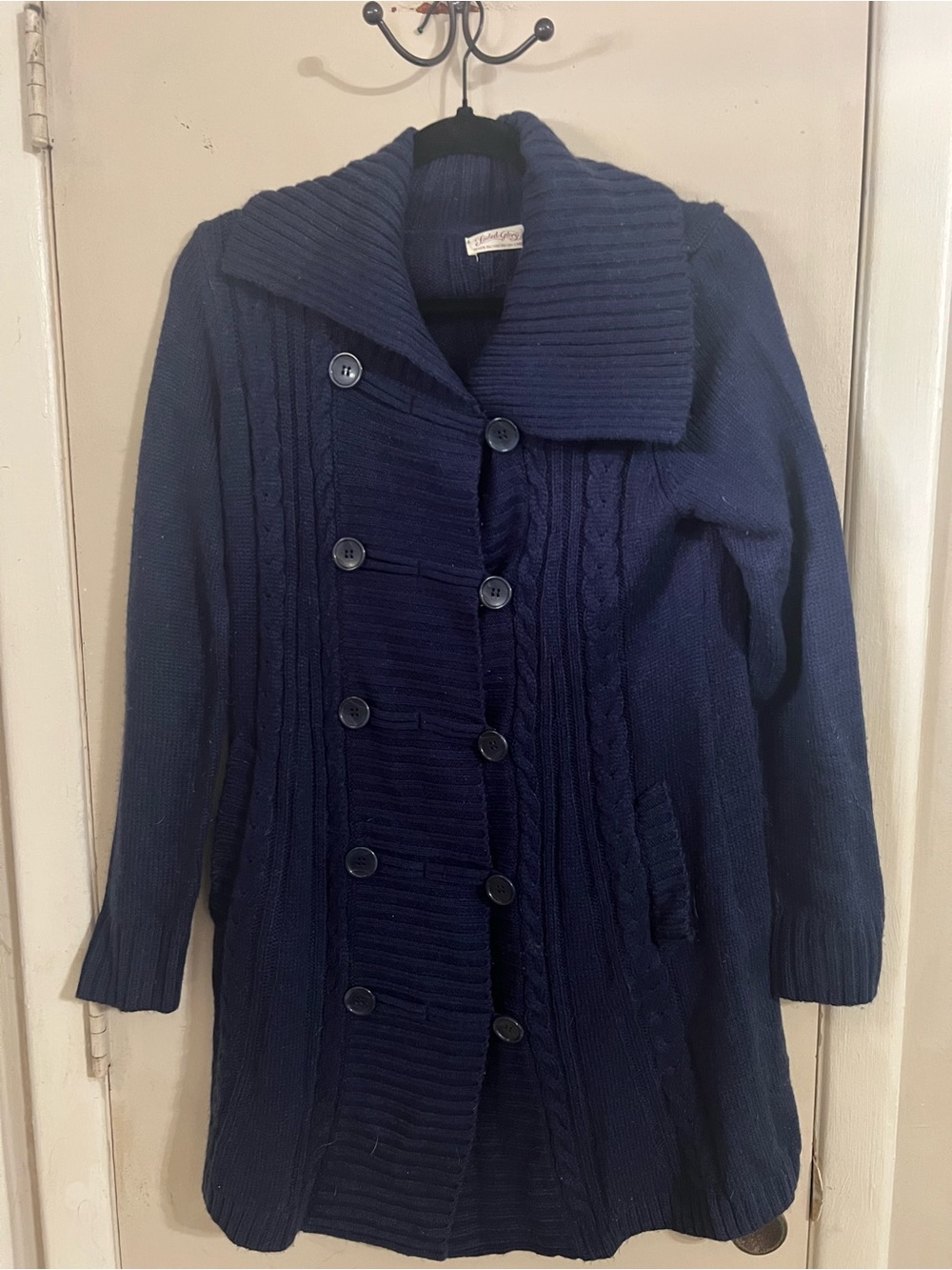 Faded Glory Navy Cable Knit Double-Breasted Sweater Cardigan